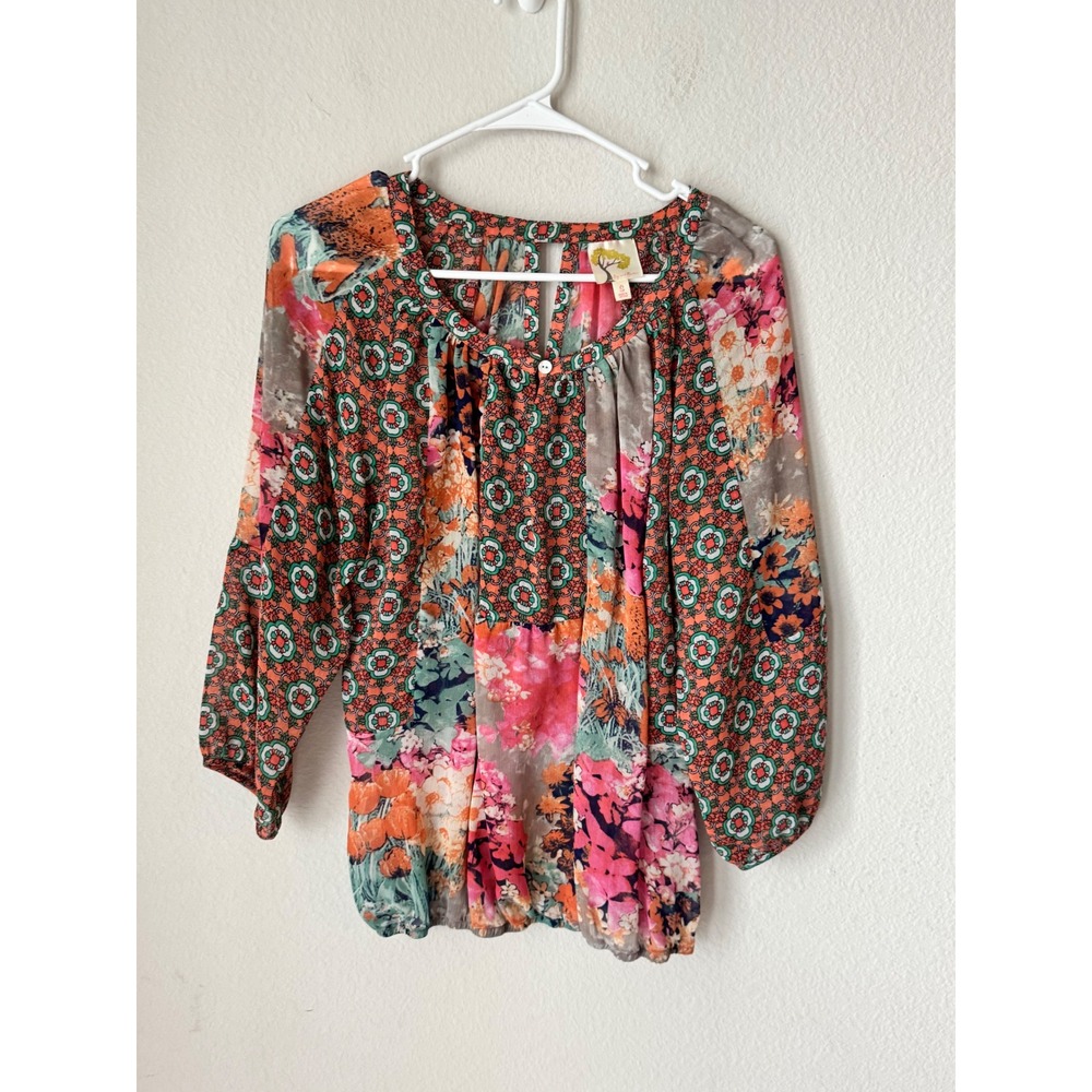 Fig and Flower Womens S Patchwork Floral Medallion Boho Balloon Sleeve Blouse